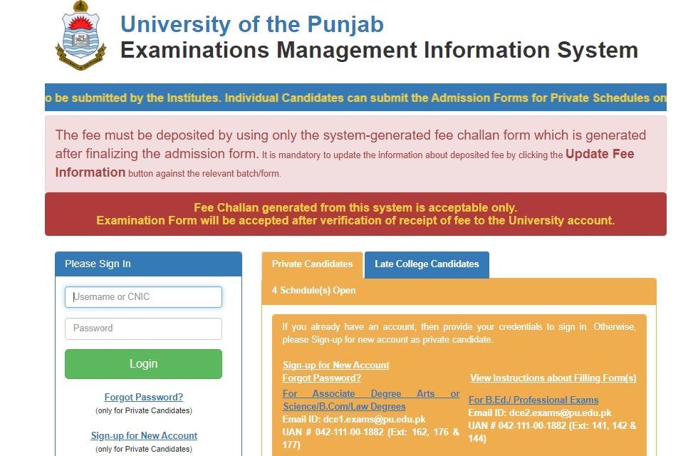 University of the Punjab MA-MSC Supplementary Admission