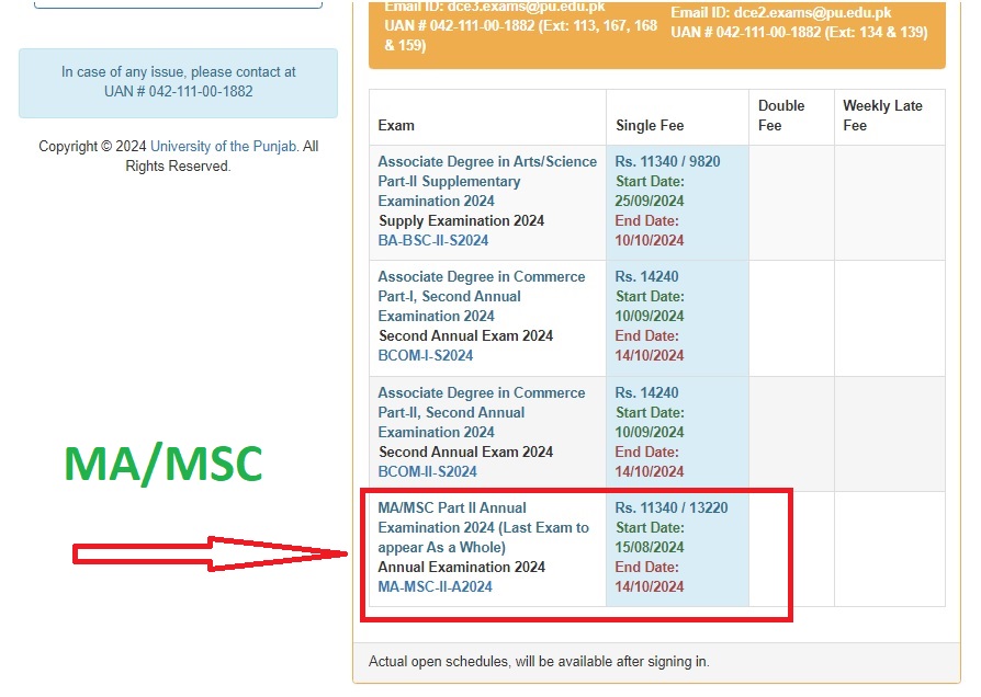 University of the Punjab MA-MSC Supplementary Admission