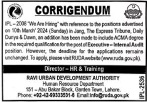 Ravi Urban Development Authority Jobs 2024