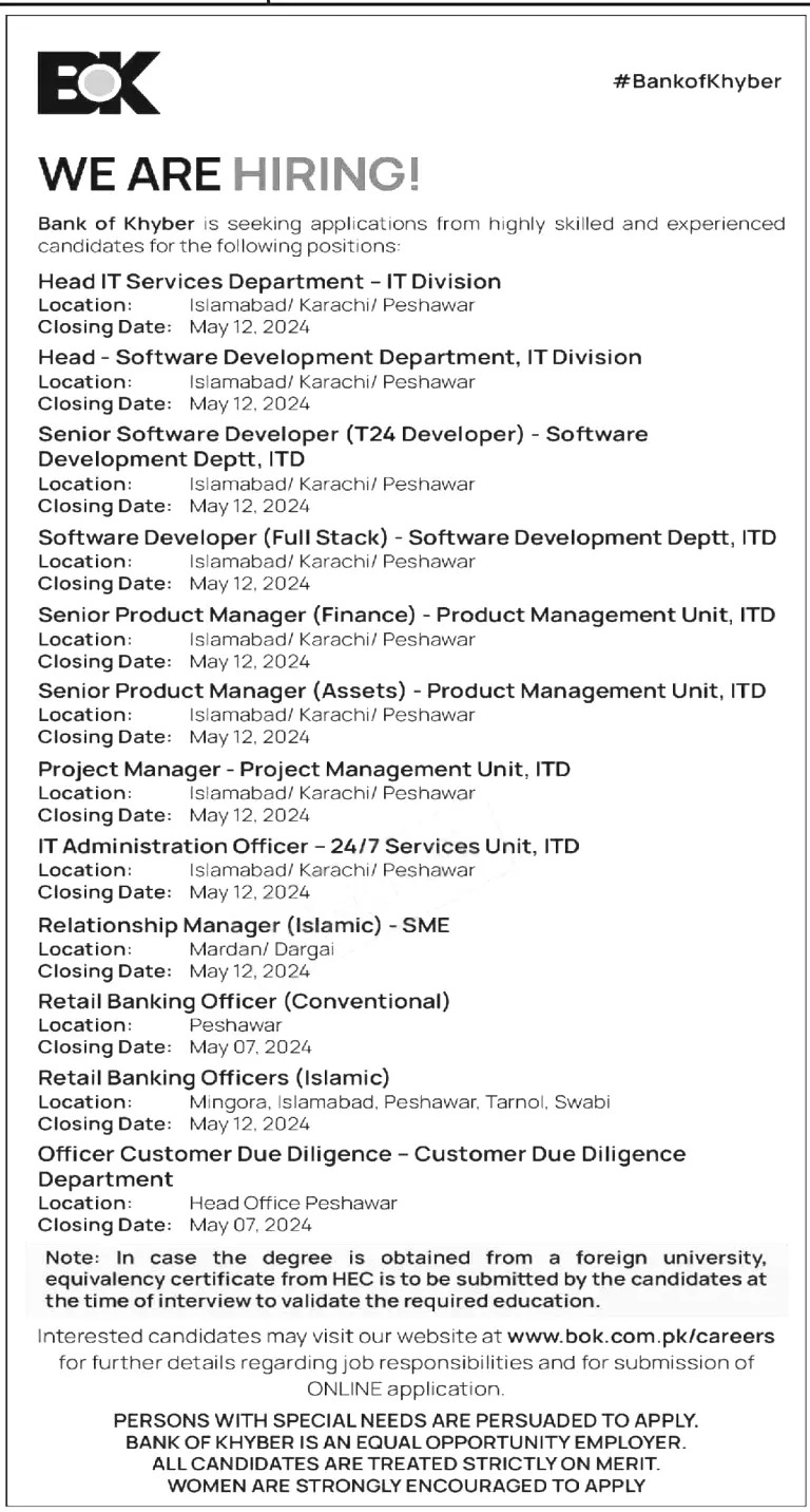 Bank of Khyber Jobs 2024