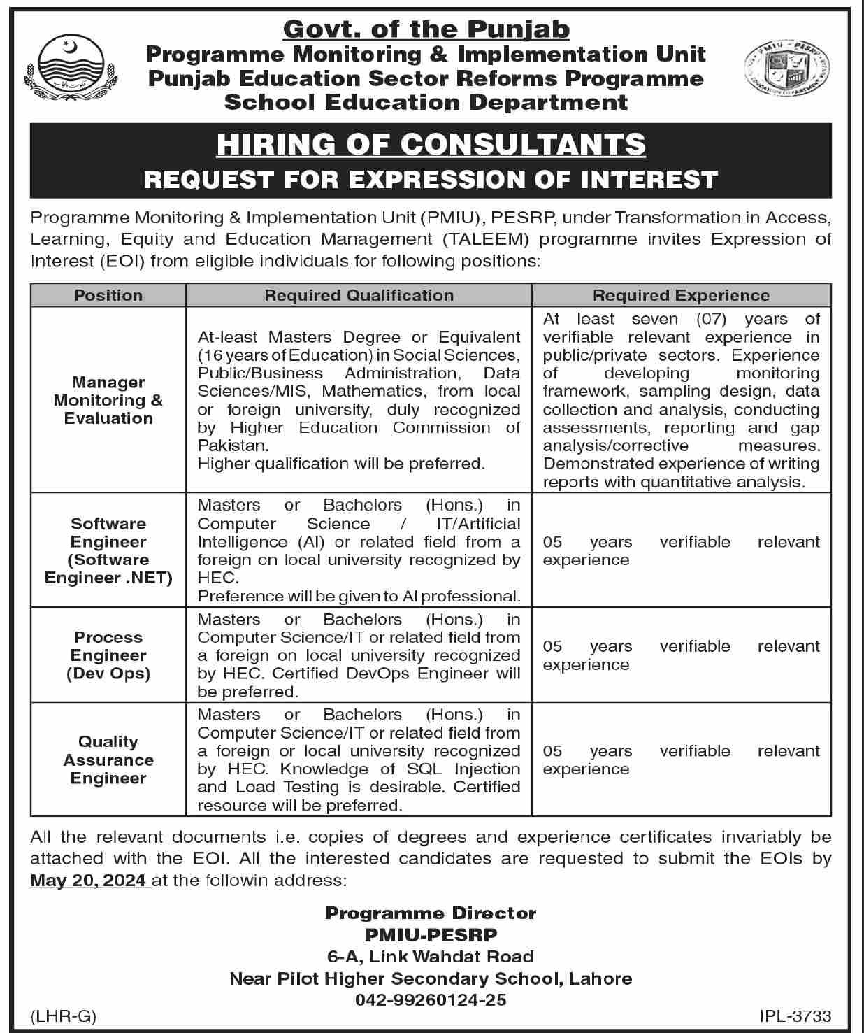 Punjab Education Sector Reform Program Jobs 2024