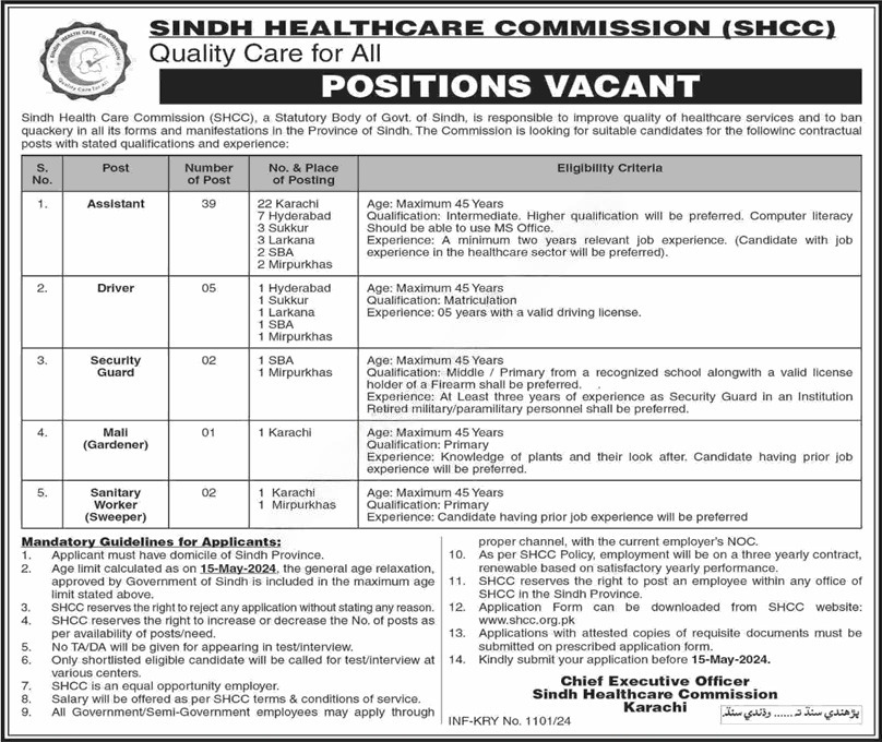 Sindh Healthcare Commission Jobs 2024